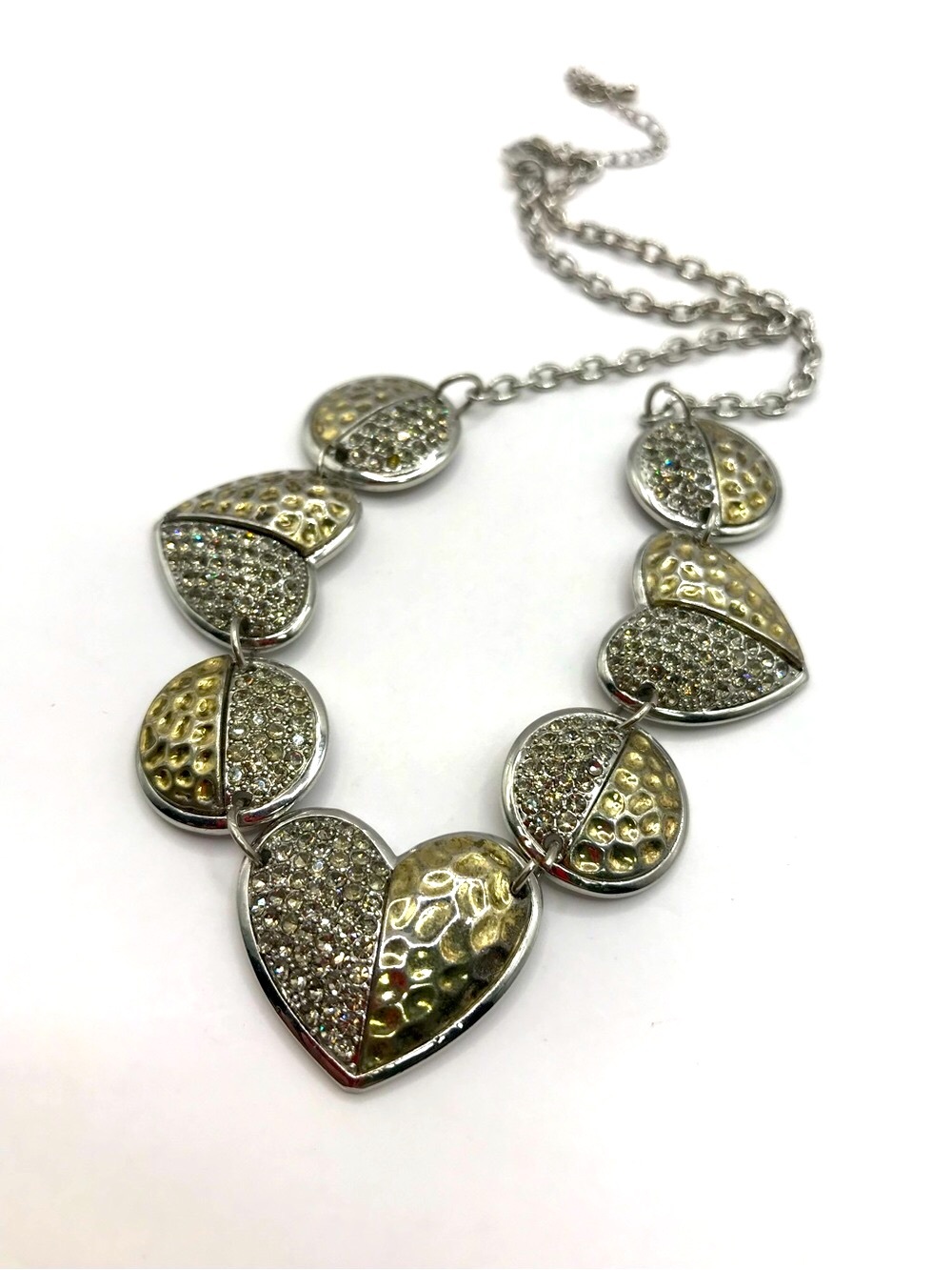 Silver & Gold-Tone Heart Necklace with Dual-Texture Crystal Accents